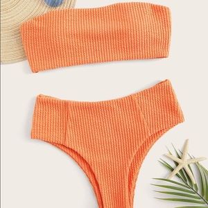 Ribbed Bandeau Top And High Waisted Bikini Set